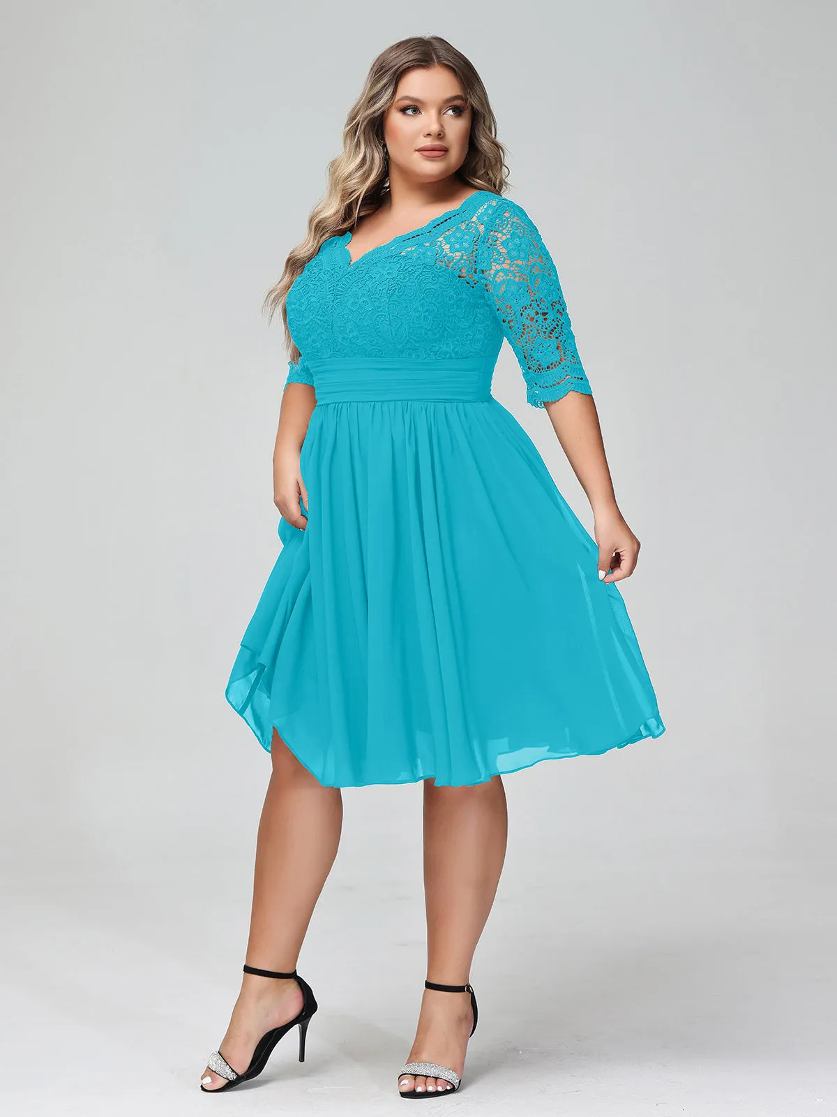 Lace and Chiffon Short Dress with Half Sleeves Jade