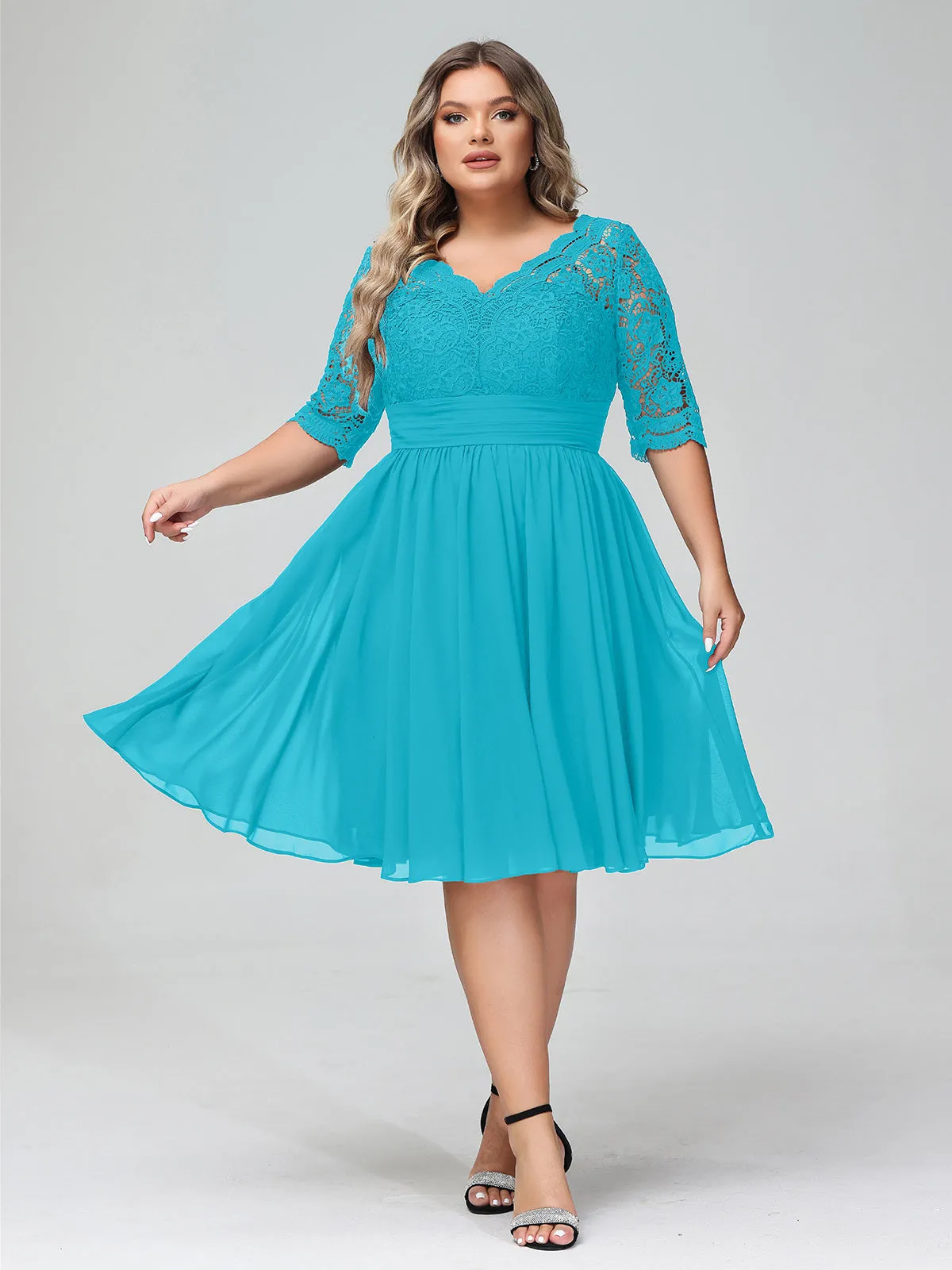 Lace and Chiffon Short Dress with Half Sleeves Jade