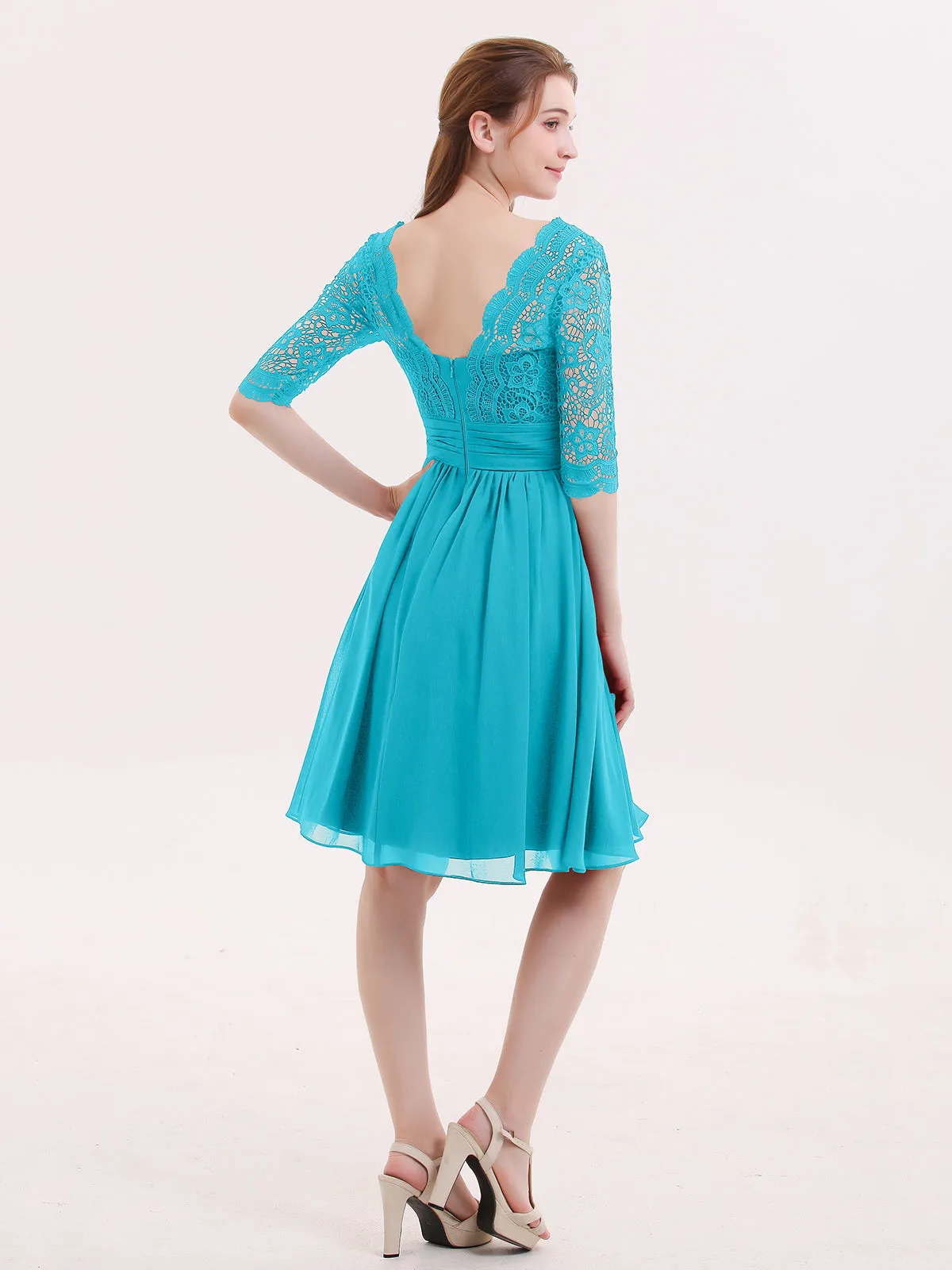 Lace and Chiffon Short Dress with Half Sleeves Jade