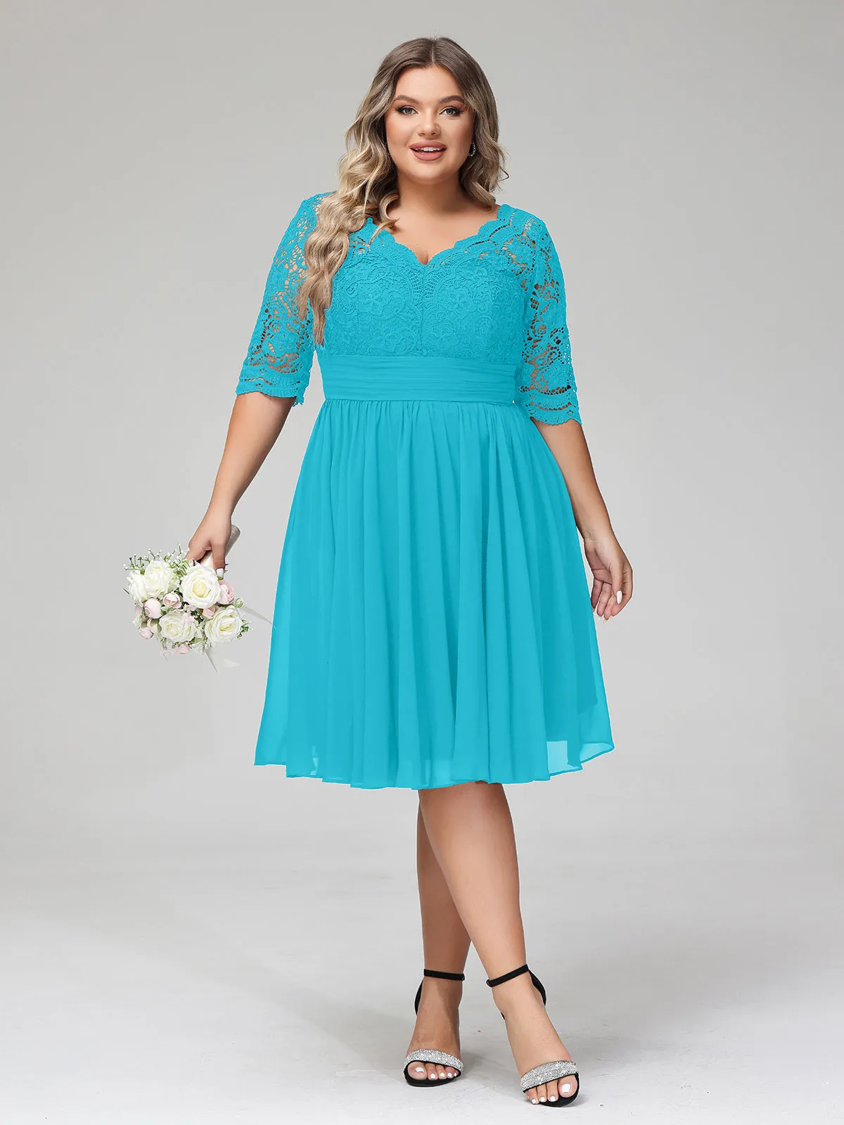 Lace and Chiffon Short Dress with Half Sleeves Jade