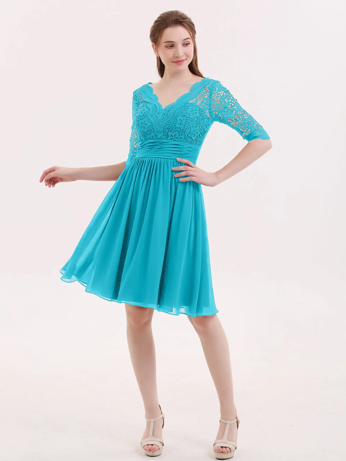 Lace and Chiffon Short Dress with Half Sleeves Jade