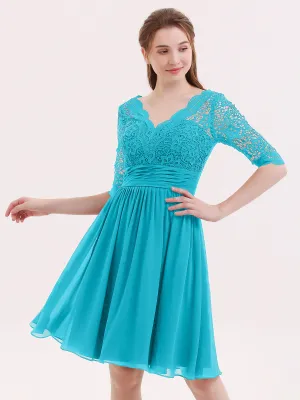 Lace and Chiffon Short Dress with Half Sleeves Jade