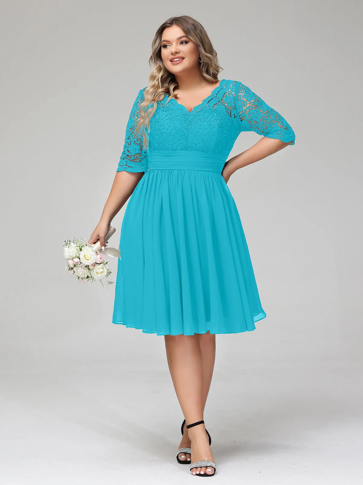 Lace and Chiffon Short Dress with Half Sleeves Jade