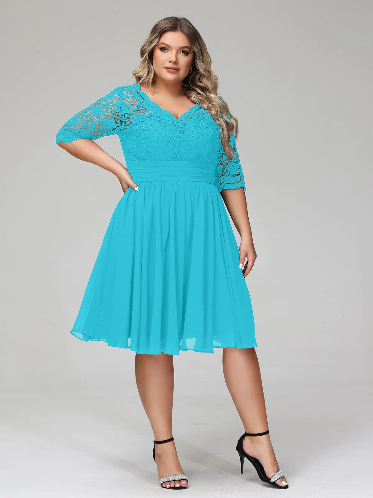 Lace and Chiffon Short Dress with Half Sleeves Jade