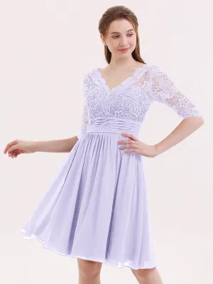 Lace and Chiffon Short Dress with Half Sleeves Lilac