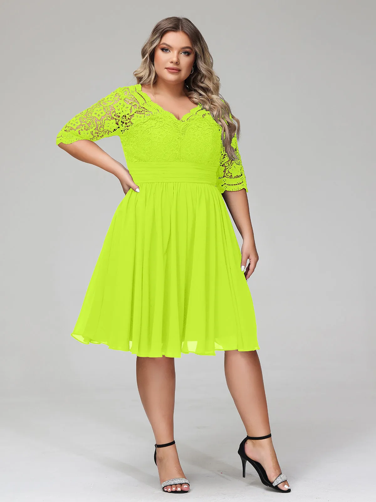 Lace and Chiffon Short Dress with Half Sleeves Lime Green