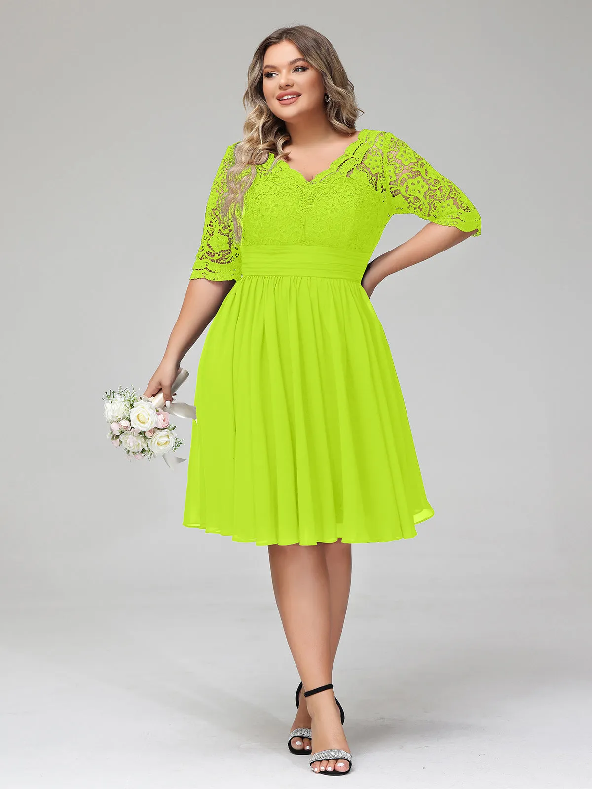 Lace and Chiffon Short Dress with Half Sleeves Lime Green