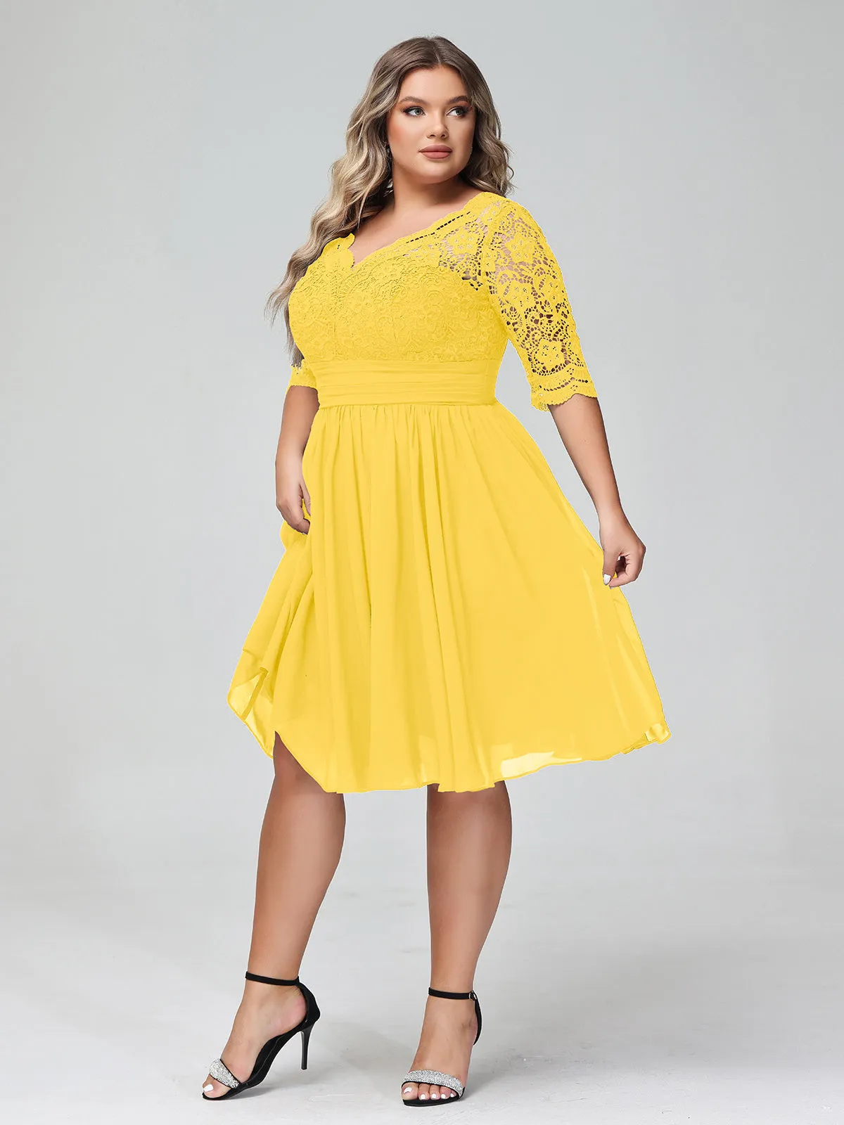 Lace and Chiffon Short Dress with Half Sleeves Marigold