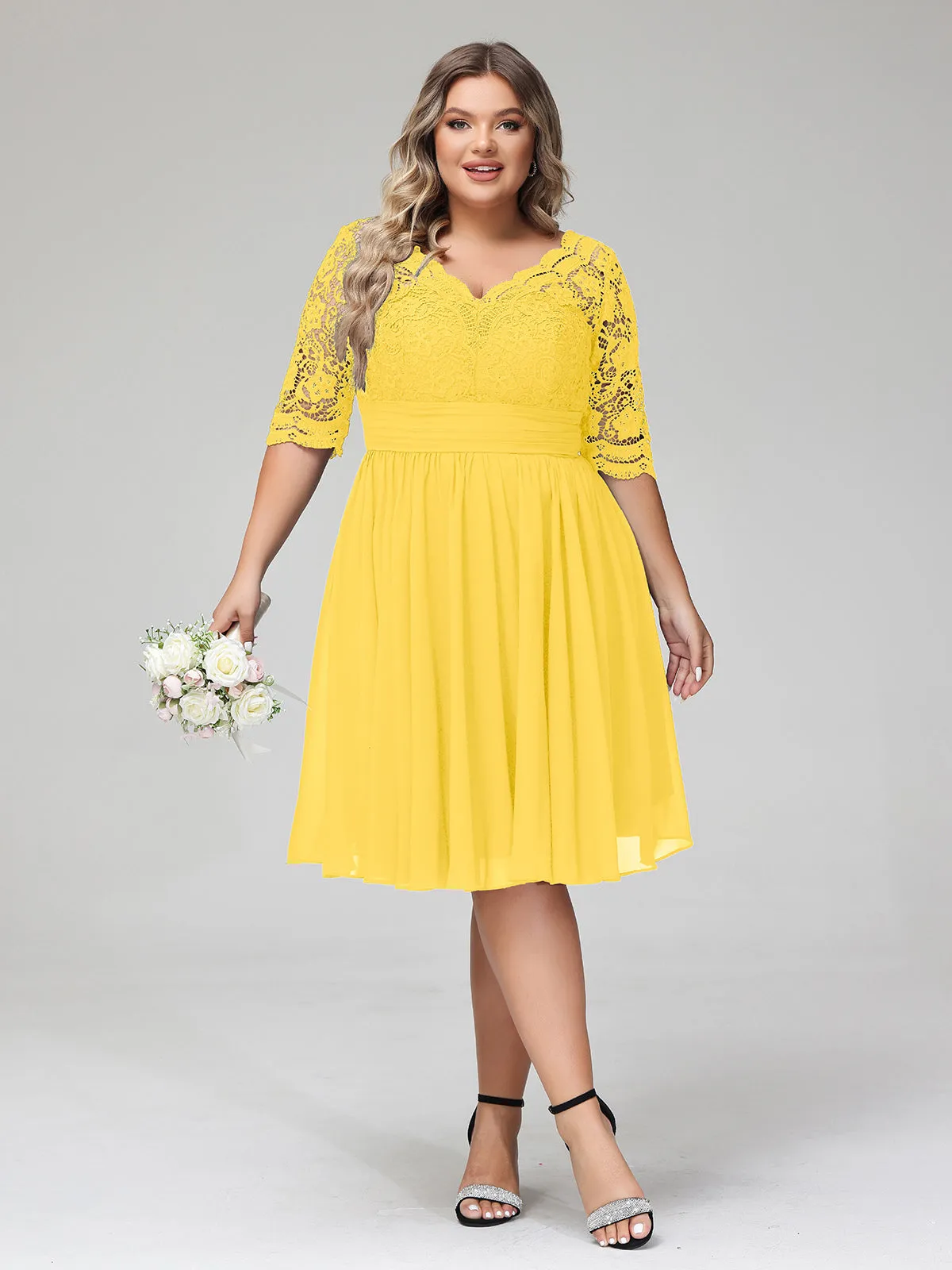 Lace and Chiffon Short Dress with Half Sleeves Marigold