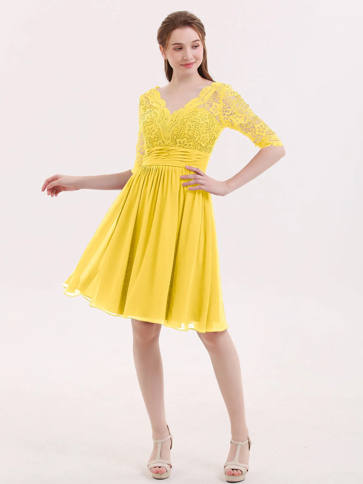 Lace and Chiffon Short Dress with Half Sleeves Marigold