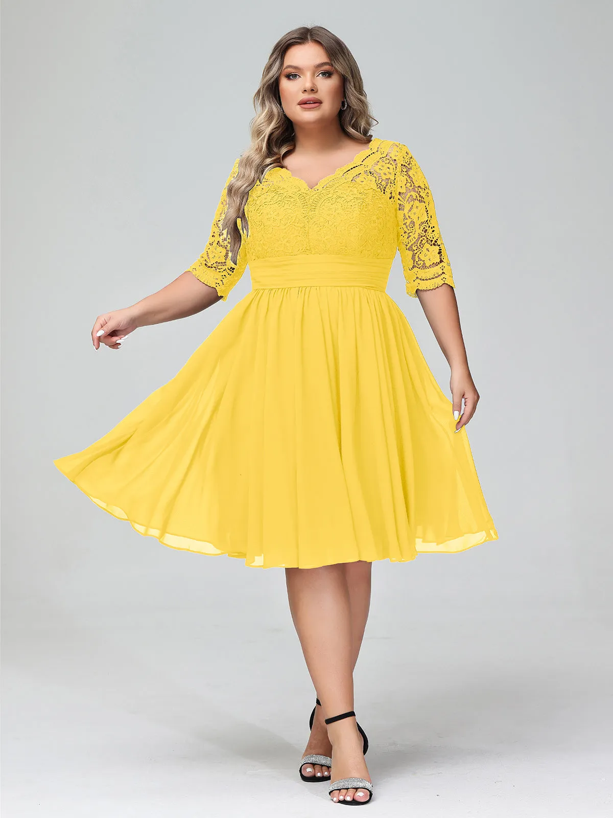 Lace and Chiffon Short Dress with Half Sleeves Marigold