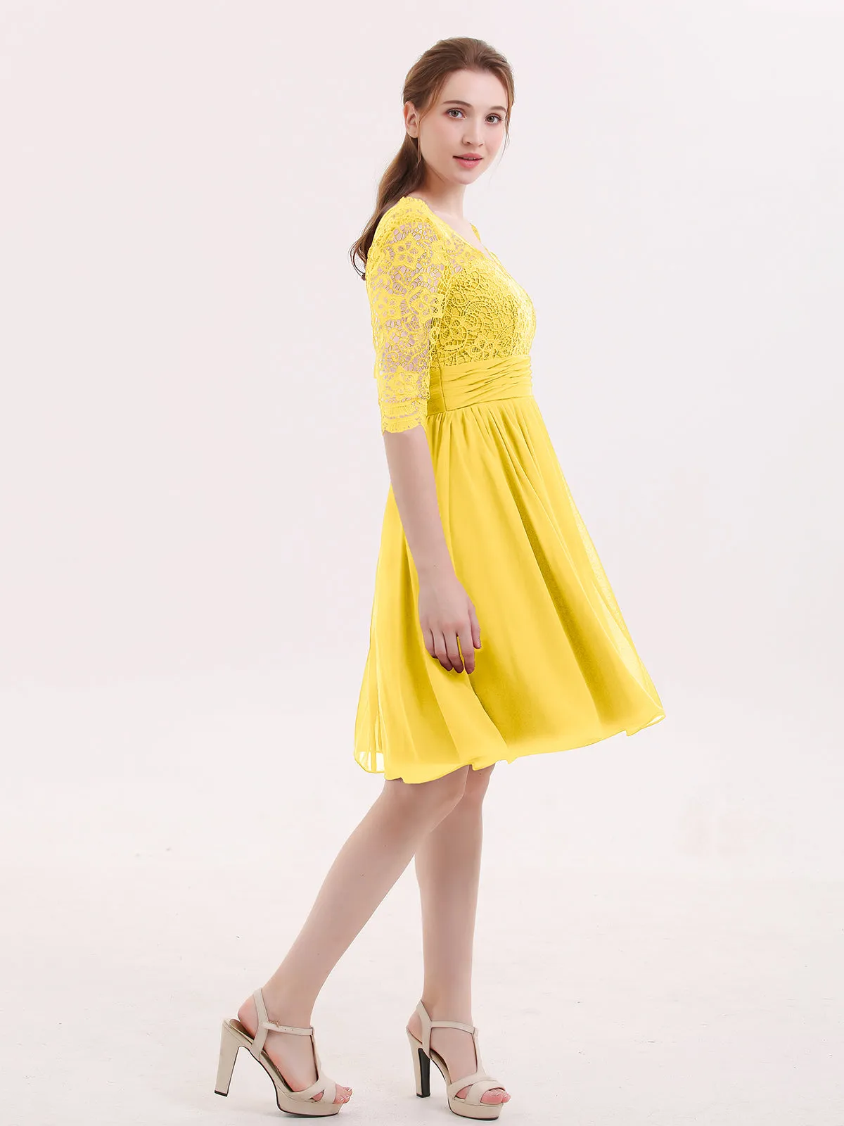 Lace and Chiffon Short Dress with Half Sleeves Marigold