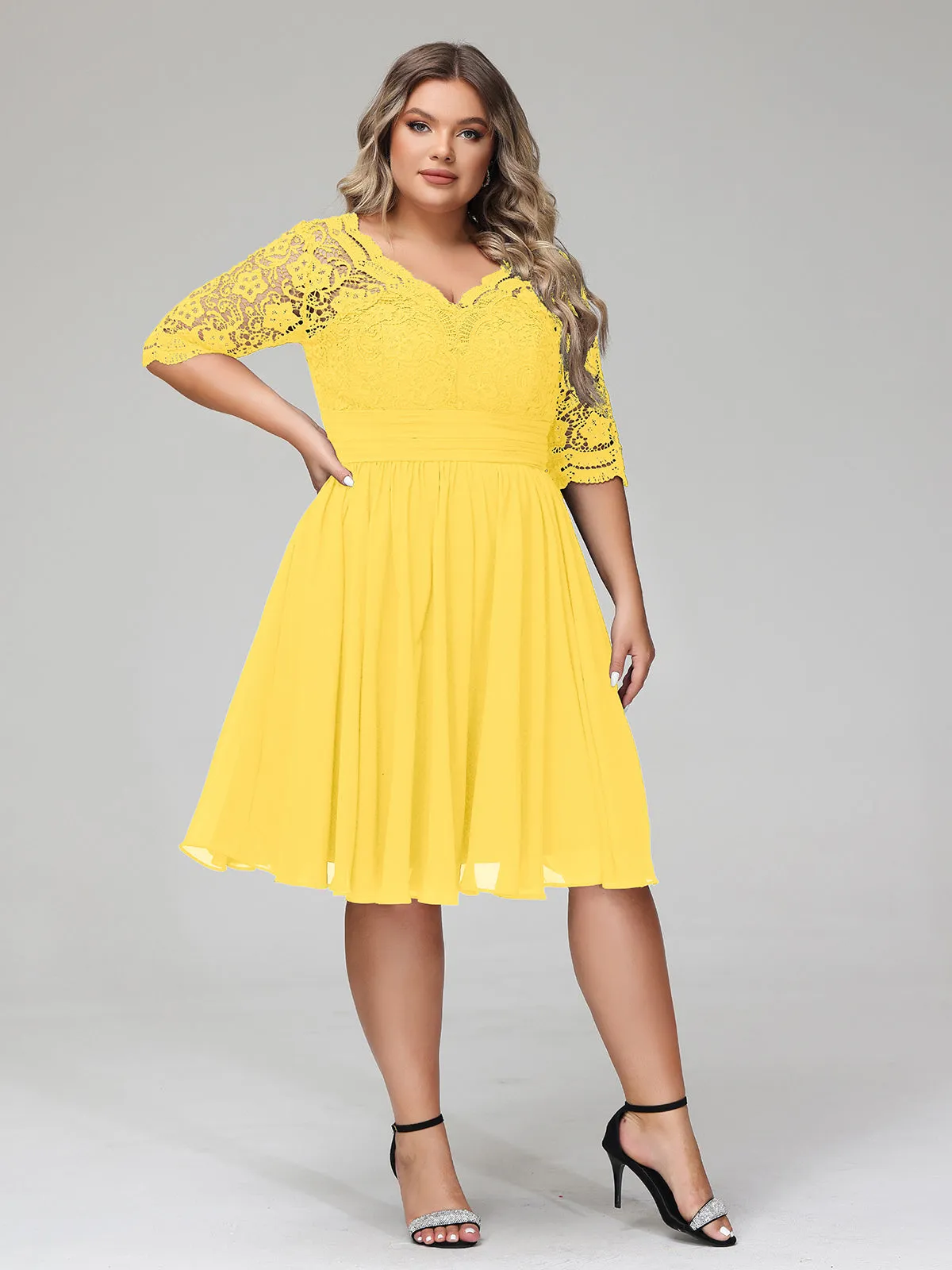 Lace and Chiffon Short Dress with Half Sleeves Marigold