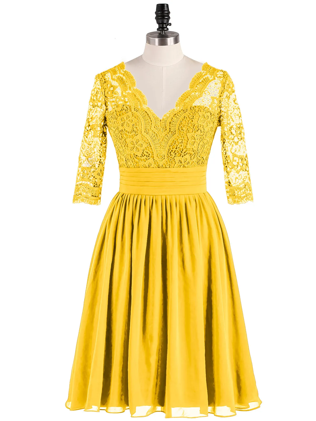 Lace and Chiffon Short Dress with Half Sleeves Marigold