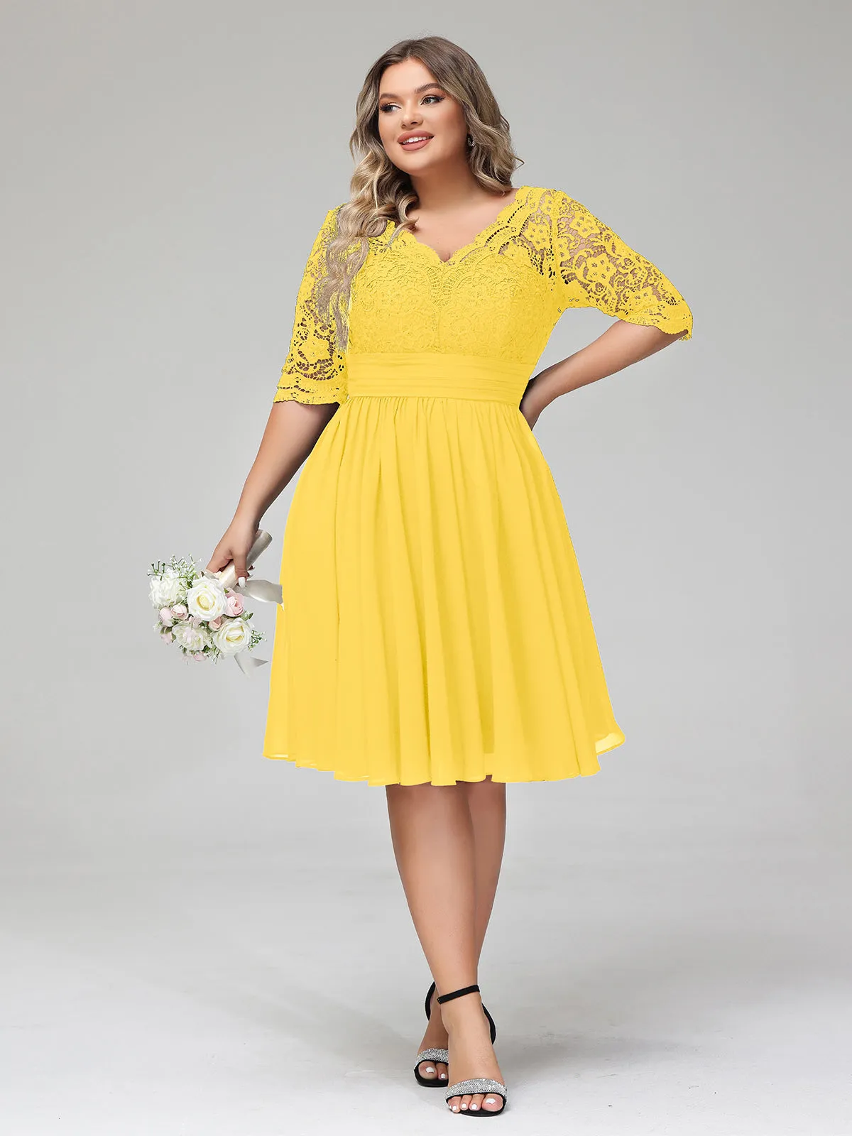 Lace and Chiffon Short Dress with Half Sleeves Marigold