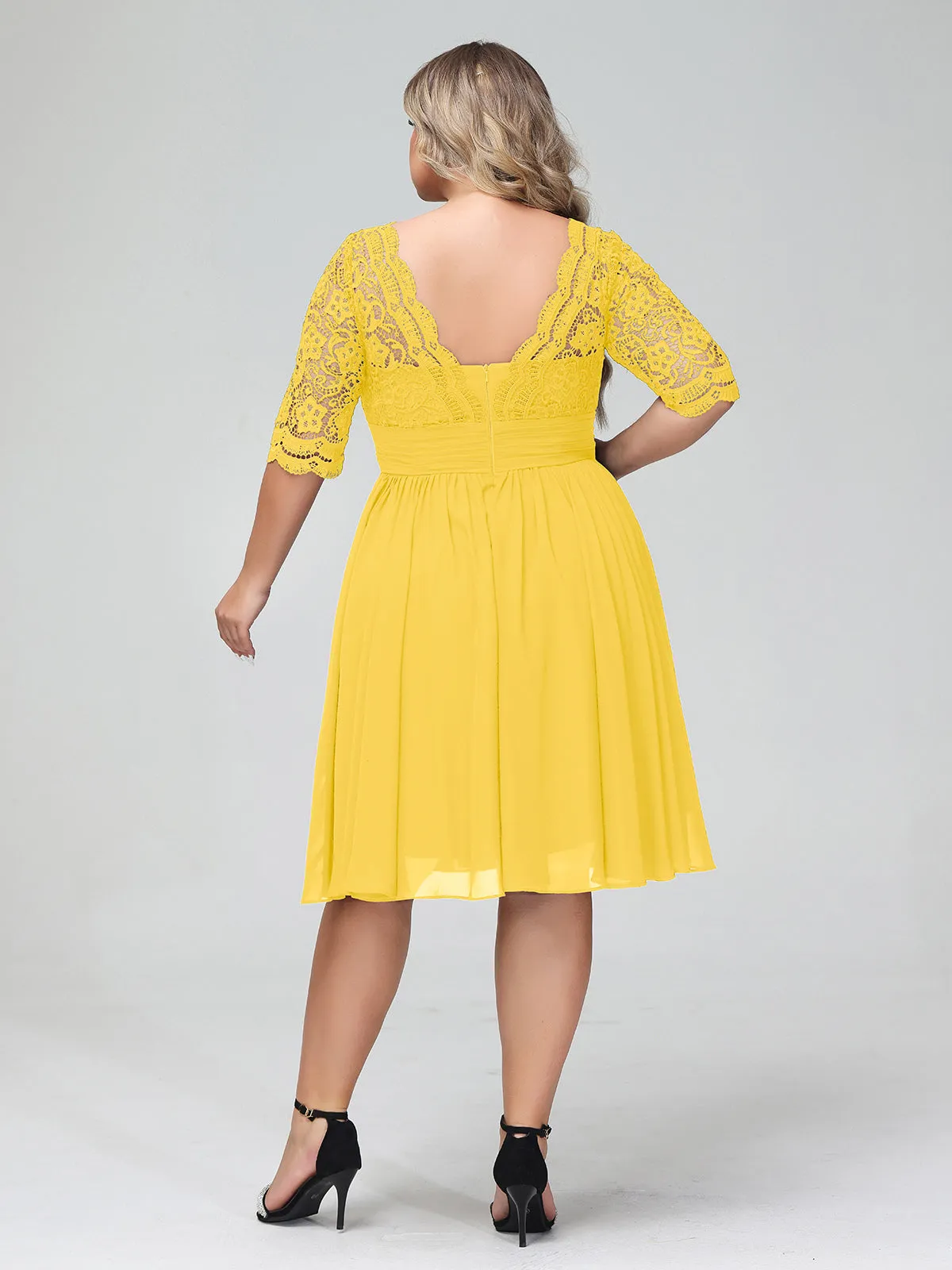 Lace and Chiffon Short Dress with Half Sleeves Marigold