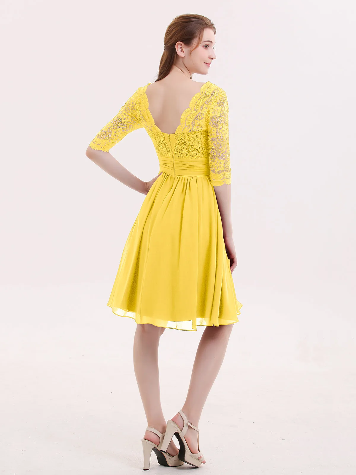 Lace and Chiffon Short Dress with Half Sleeves Marigold