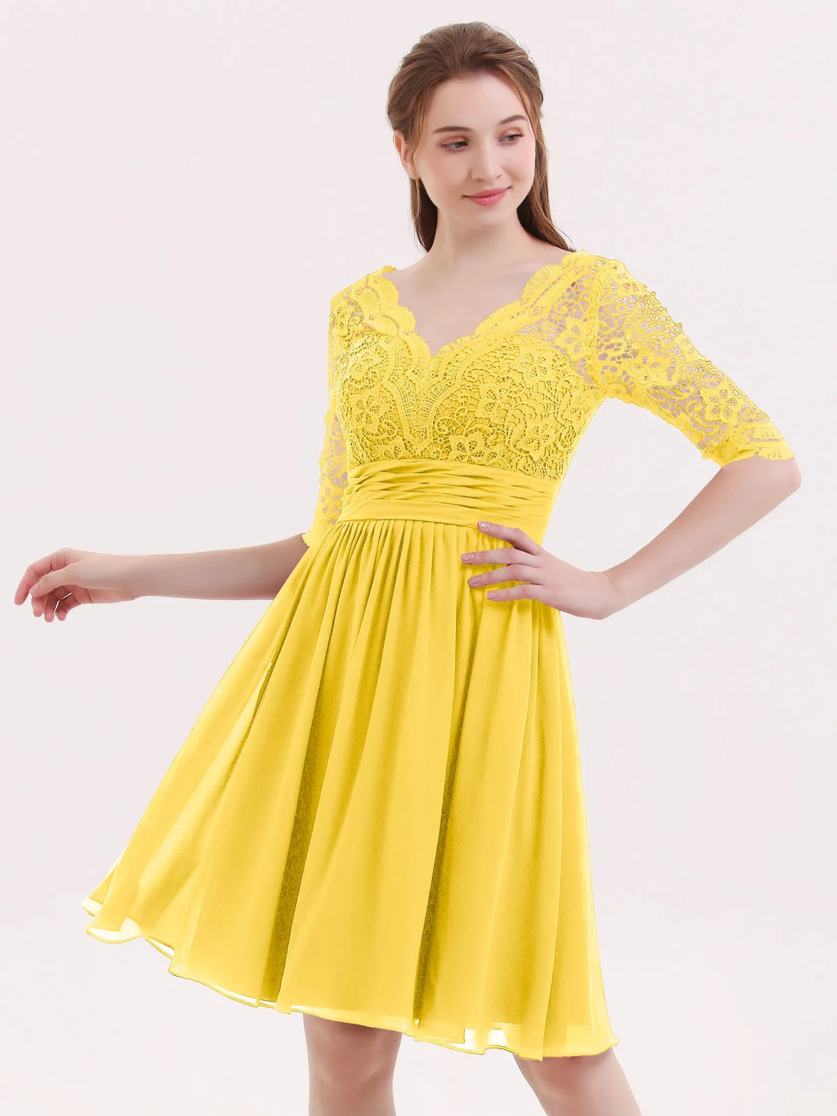 Lace and Chiffon Short Dress with Half Sleeves Marigold