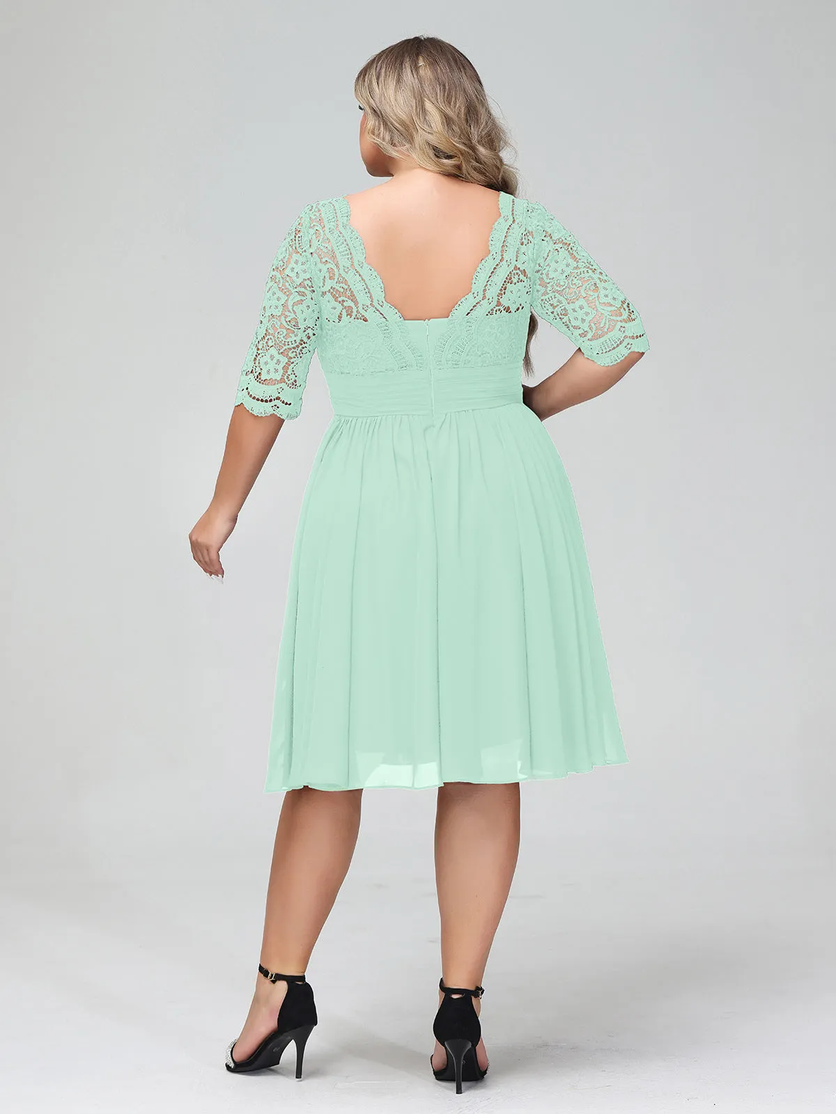 Lace and Chiffon Short Dress with Half Sleeves Mint Green