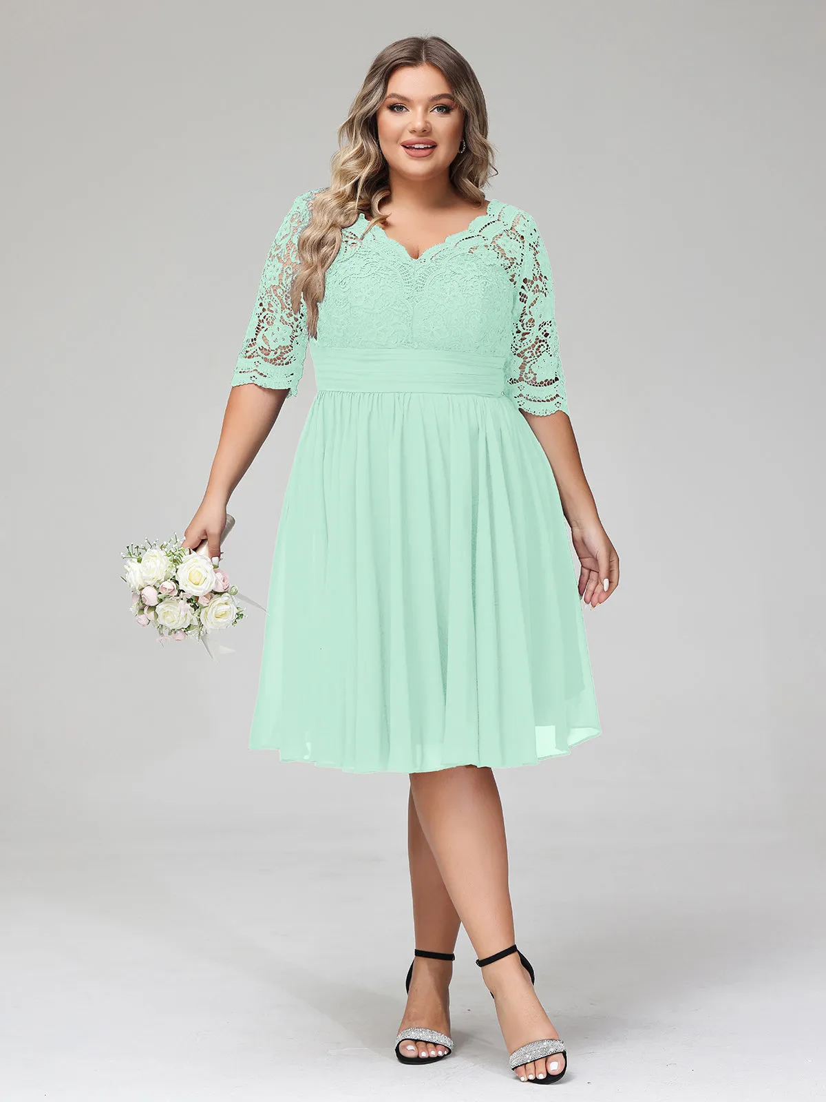 Lace and Chiffon Short Dress with Half Sleeves Mint Green