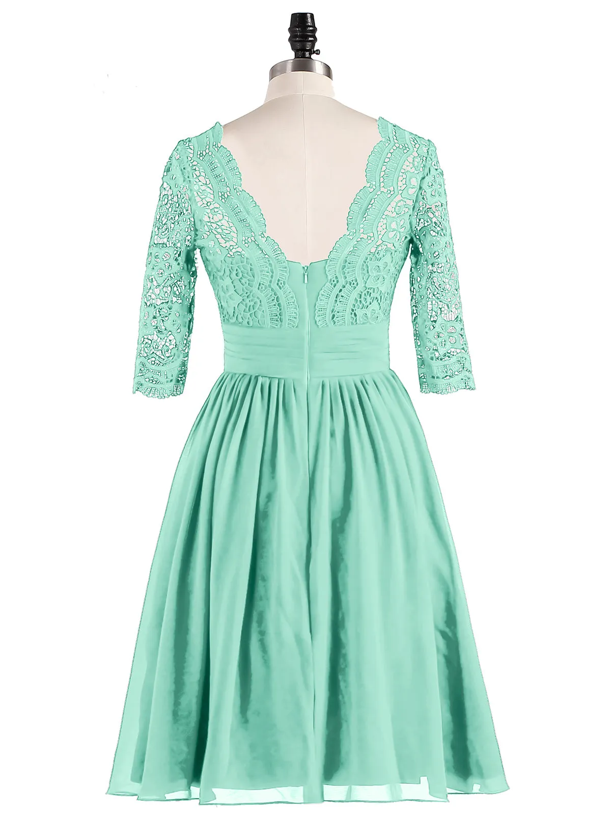 Lace and Chiffon Short Dress with Half Sleeves Mint Green