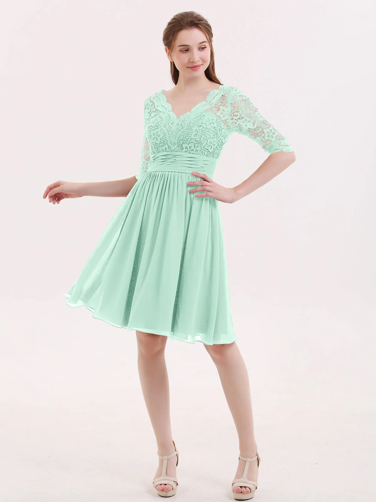 Lace and Chiffon Short Dress with Half Sleeves Mint Green