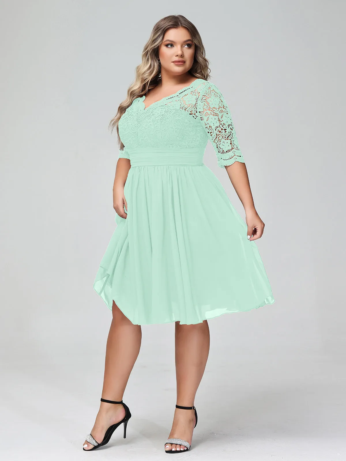 Lace and Chiffon Short Dress with Half Sleeves Mint Green