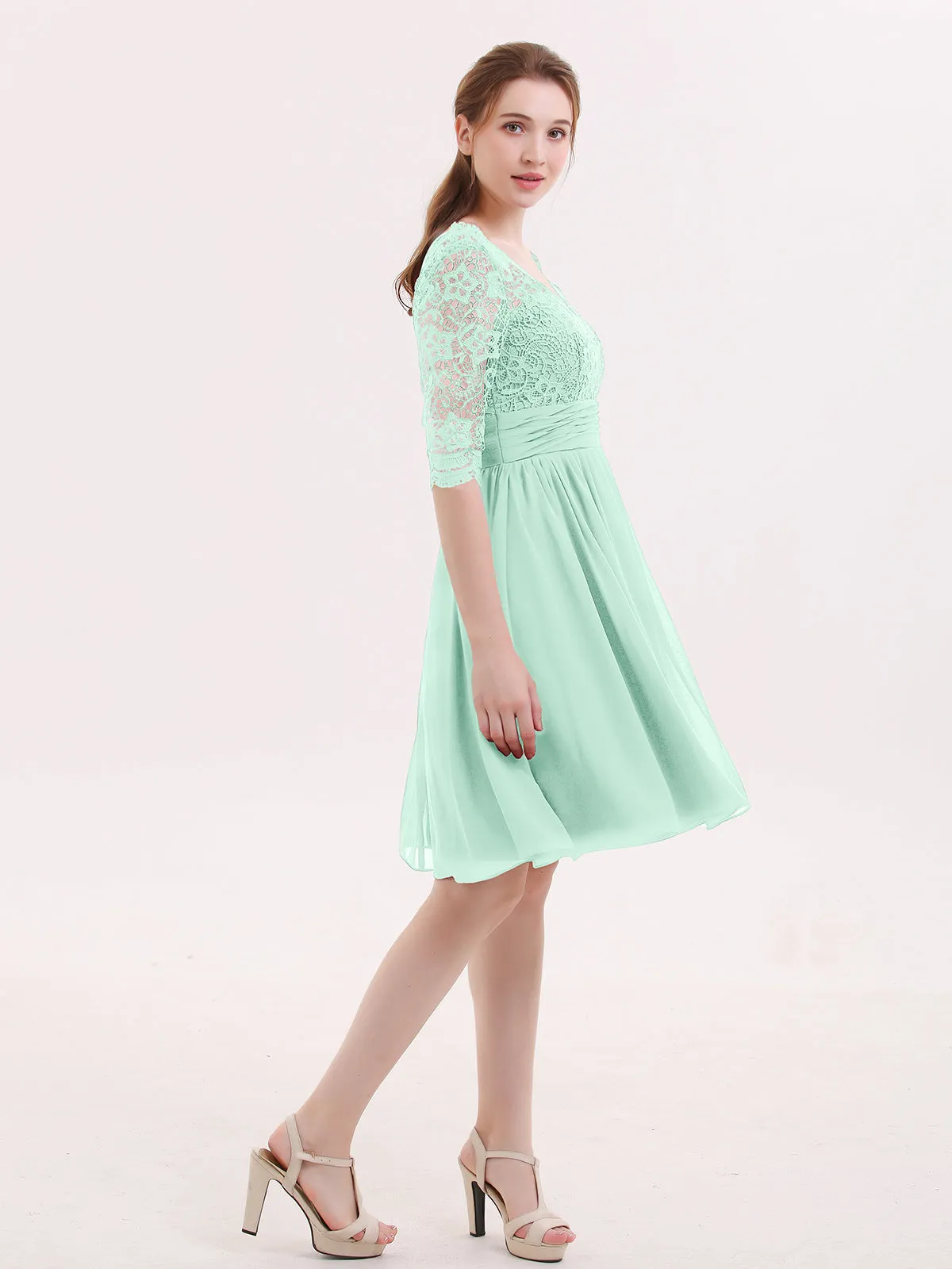 Lace and Chiffon Short Dress with Half Sleeves Mint Green