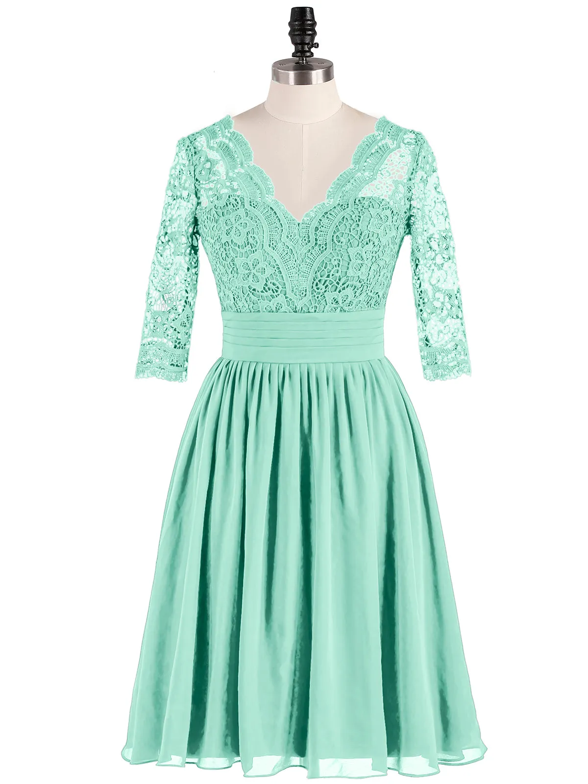 Lace and Chiffon Short Dress with Half Sleeves Mint Green