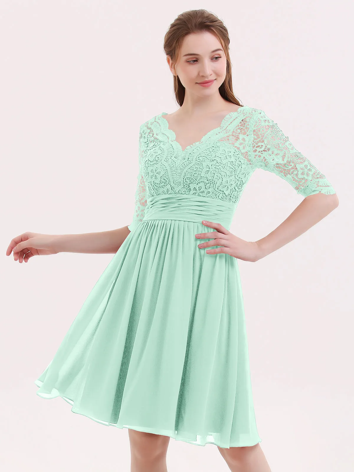 Lace and Chiffon Short Dress with Half Sleeves Mint Green