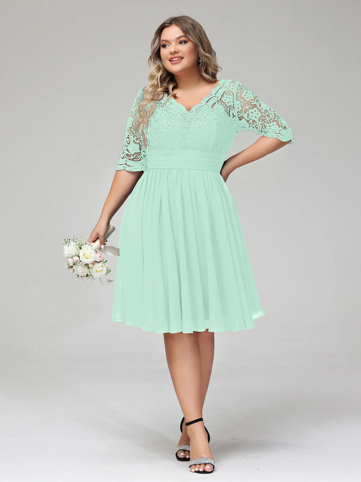 Lace and Chiffon Short Dress with Half Sleeves Mint Green