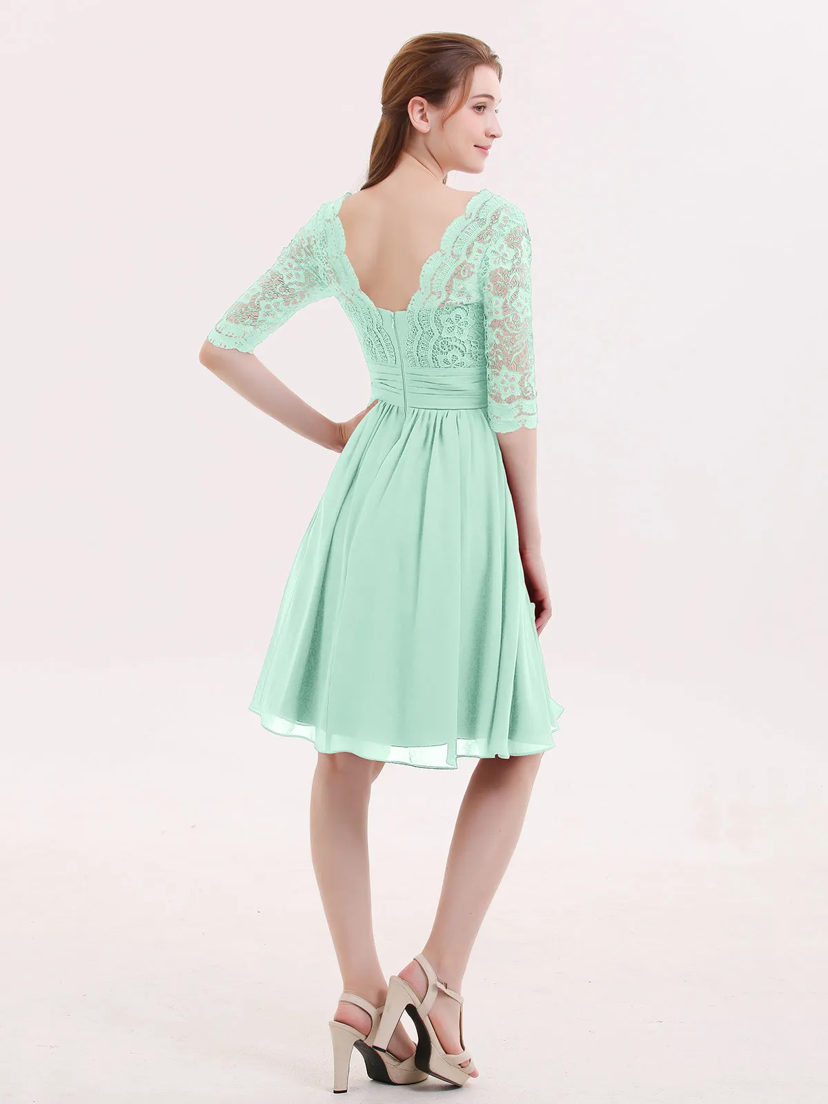 Lace and Chiffon Short Dress with Half Sleeves Mint Green