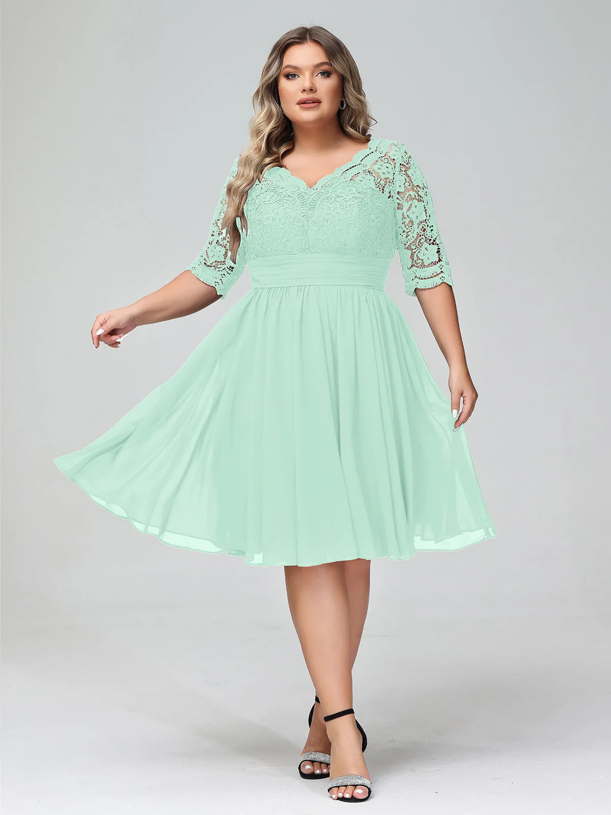 Lace and Chiffon Short Dress with Half Sleeves Mint Green