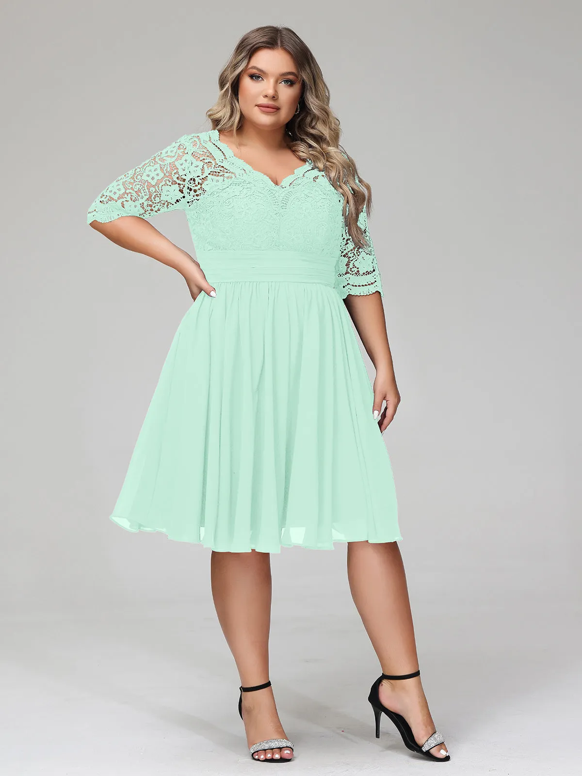 Lace and Chiffon Short Dress with Half Sleeves Mint Green