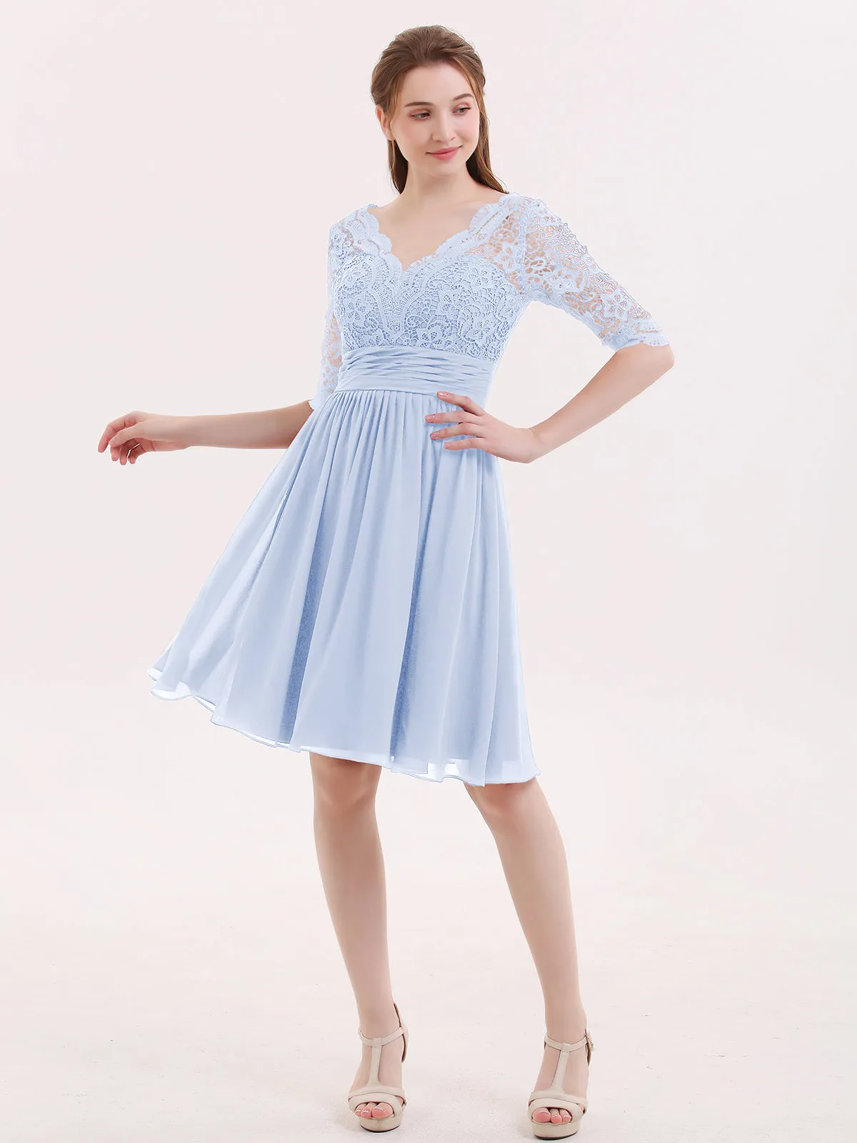 Lace and Chiffon Short Dress with Half Sleeves Sky Blue