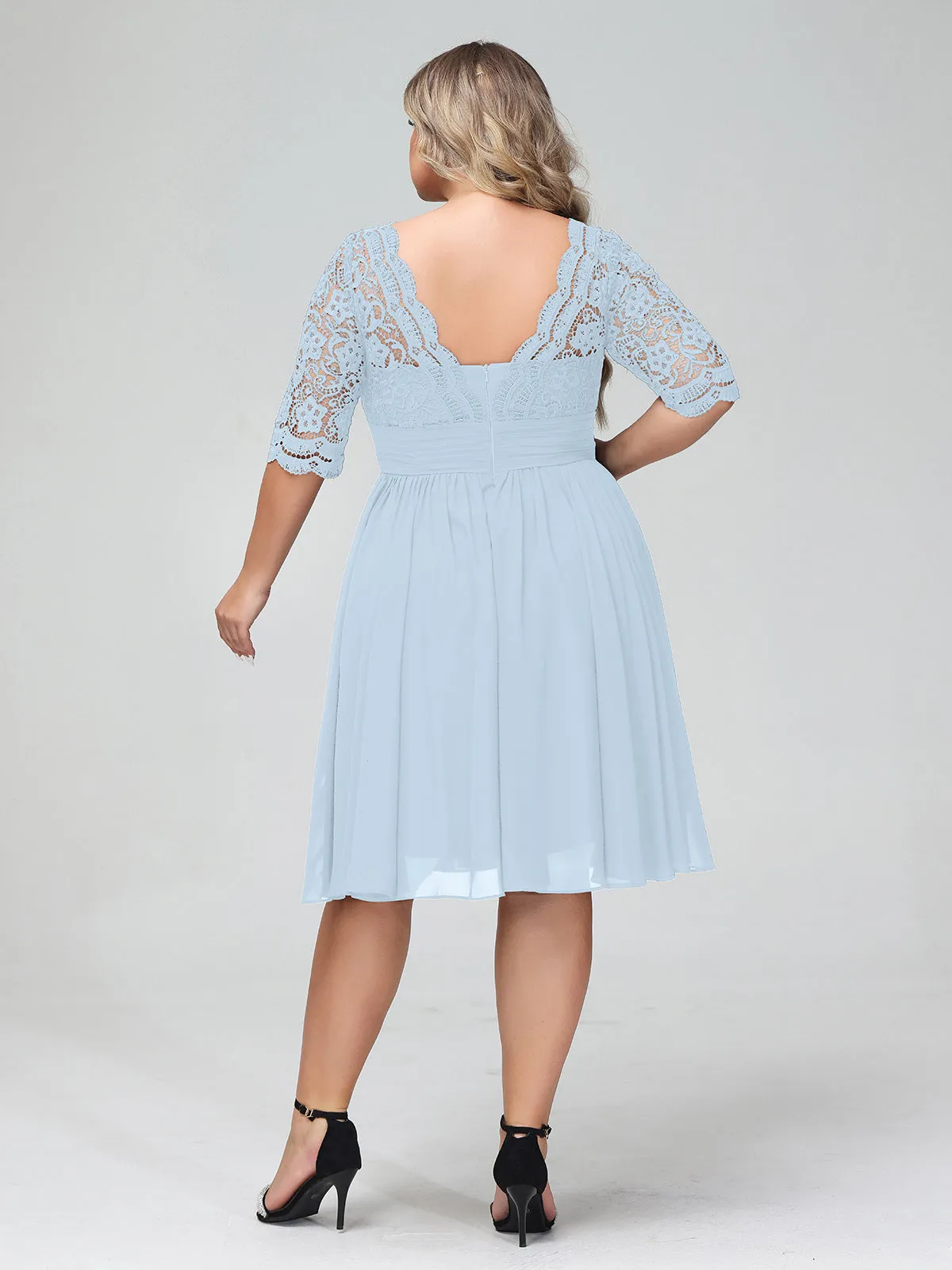 Lace and Chiffon Short Dress with Half Sleeves Sky Blue