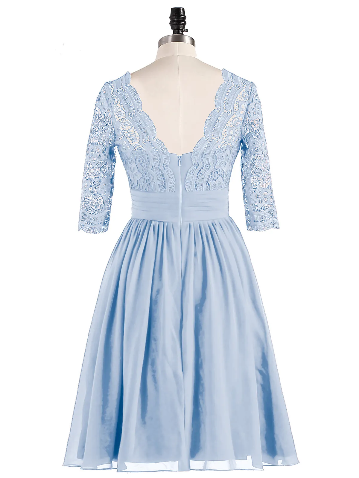 Lace and Chiffon Short Dress with Half Sleeves Sky Blue