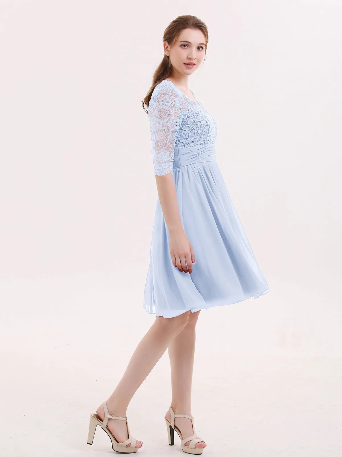 Lace and Chiffon Short Dress with Half Sleeves Sky Blue