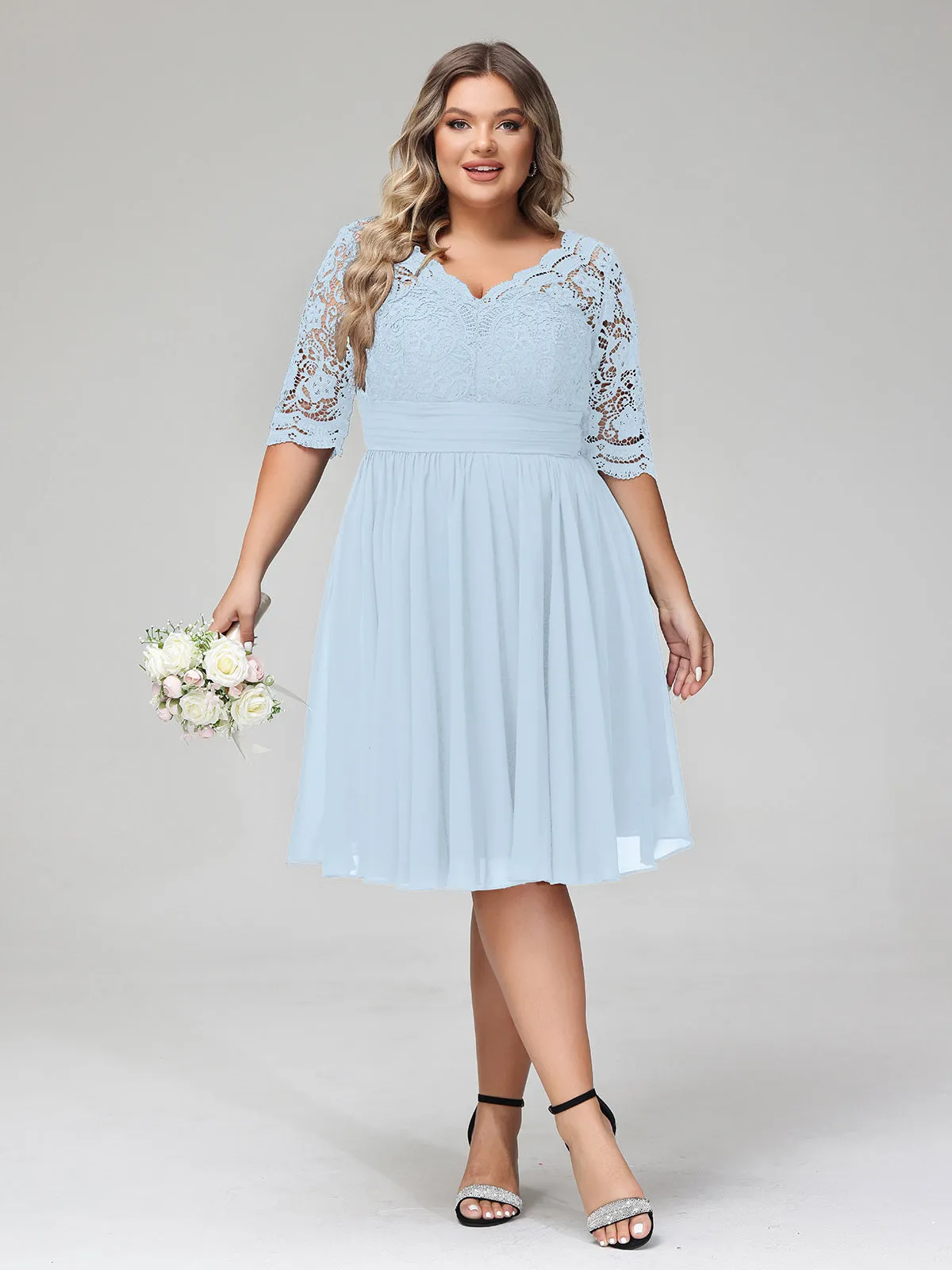 Lace and Chiffon Short Dress with Half Sleeves Sky Blue