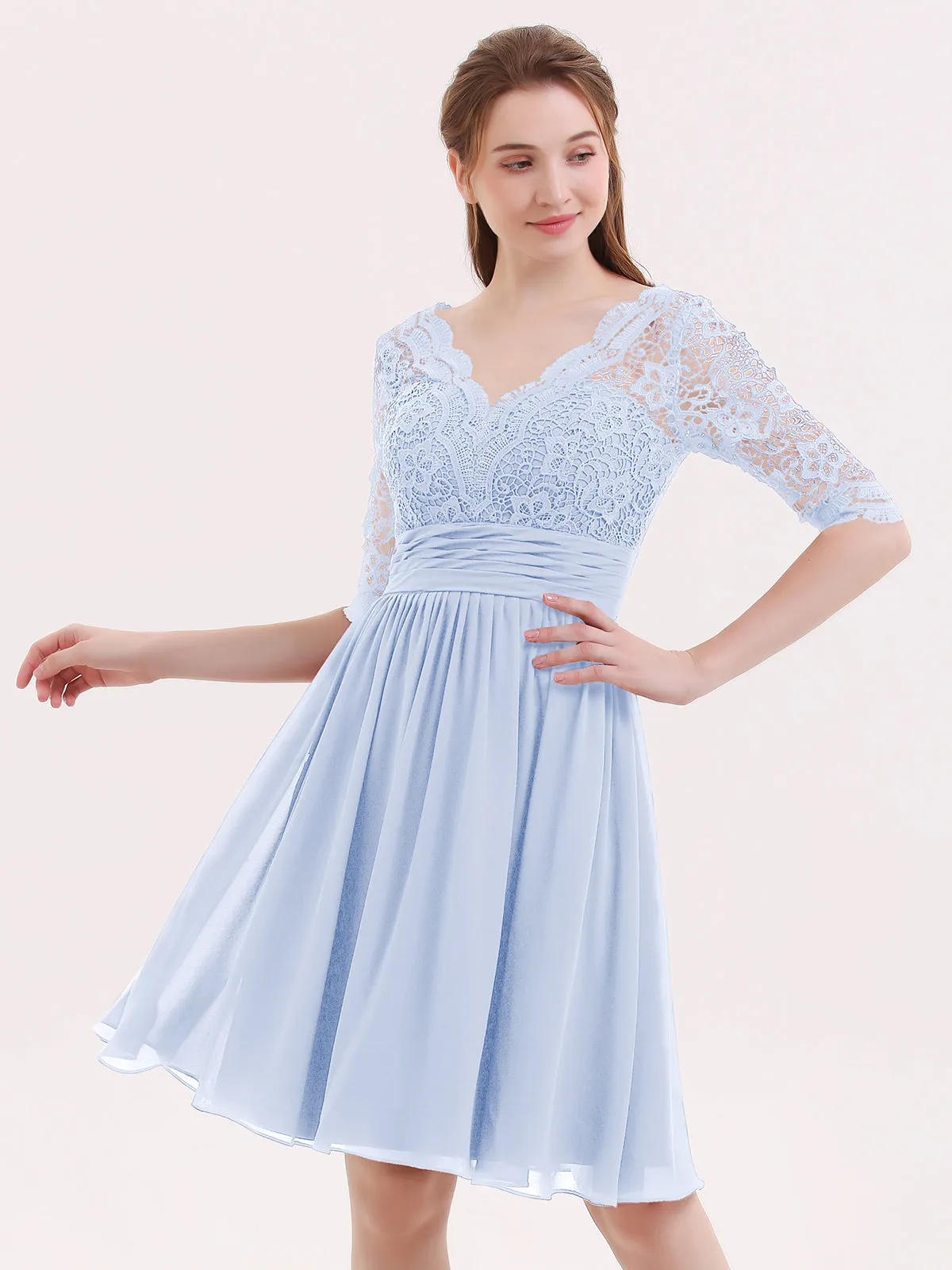 Lace and Chiffon Short Dress with Half Sleeves Sky Blue