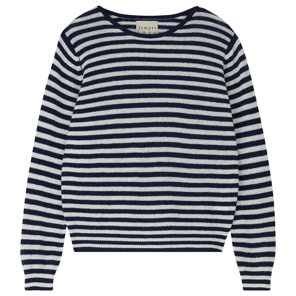 Little Stripe Cashmere Crew in Navy and Cream