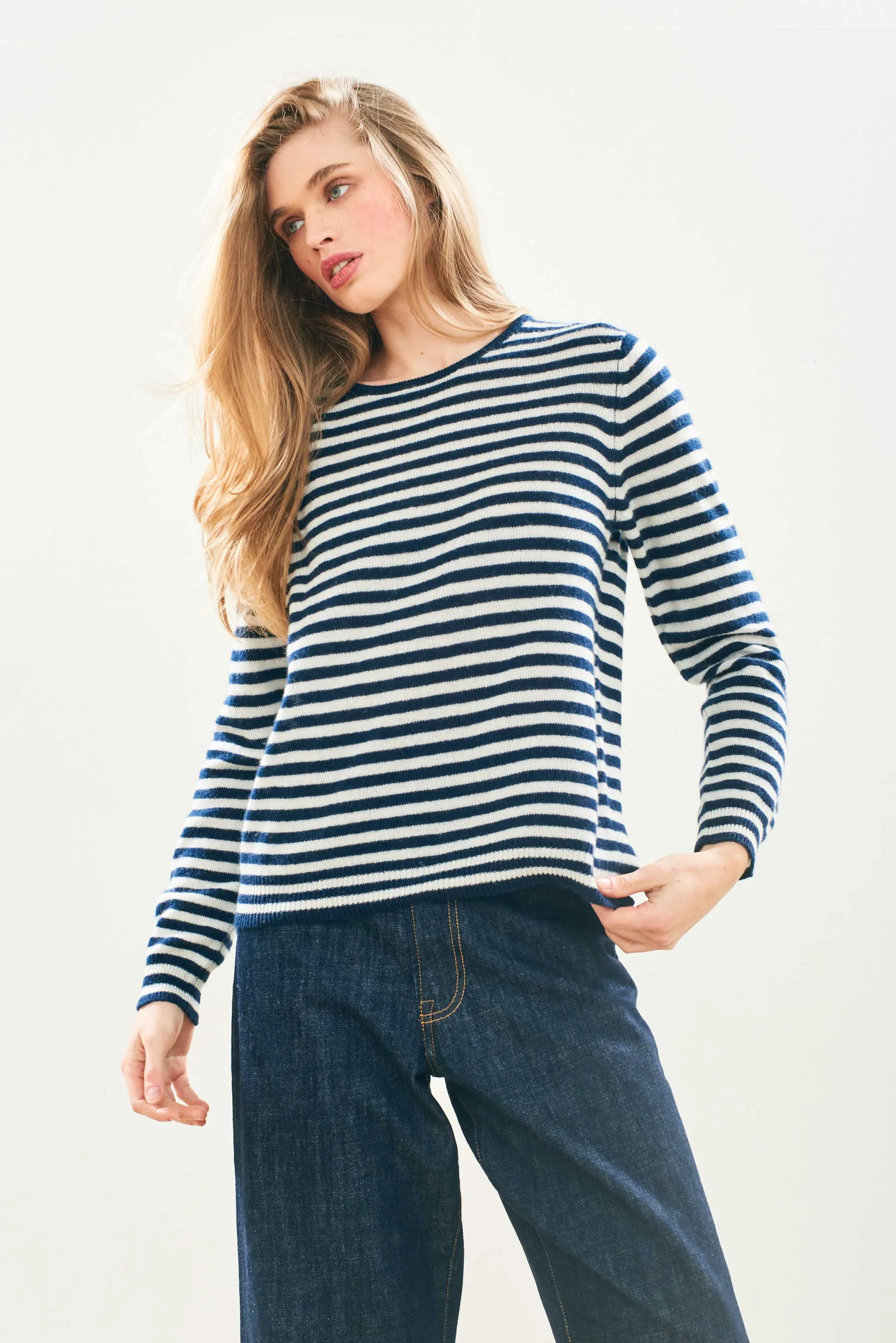 Little Stripe Cashmere Crew in Navy and Cream