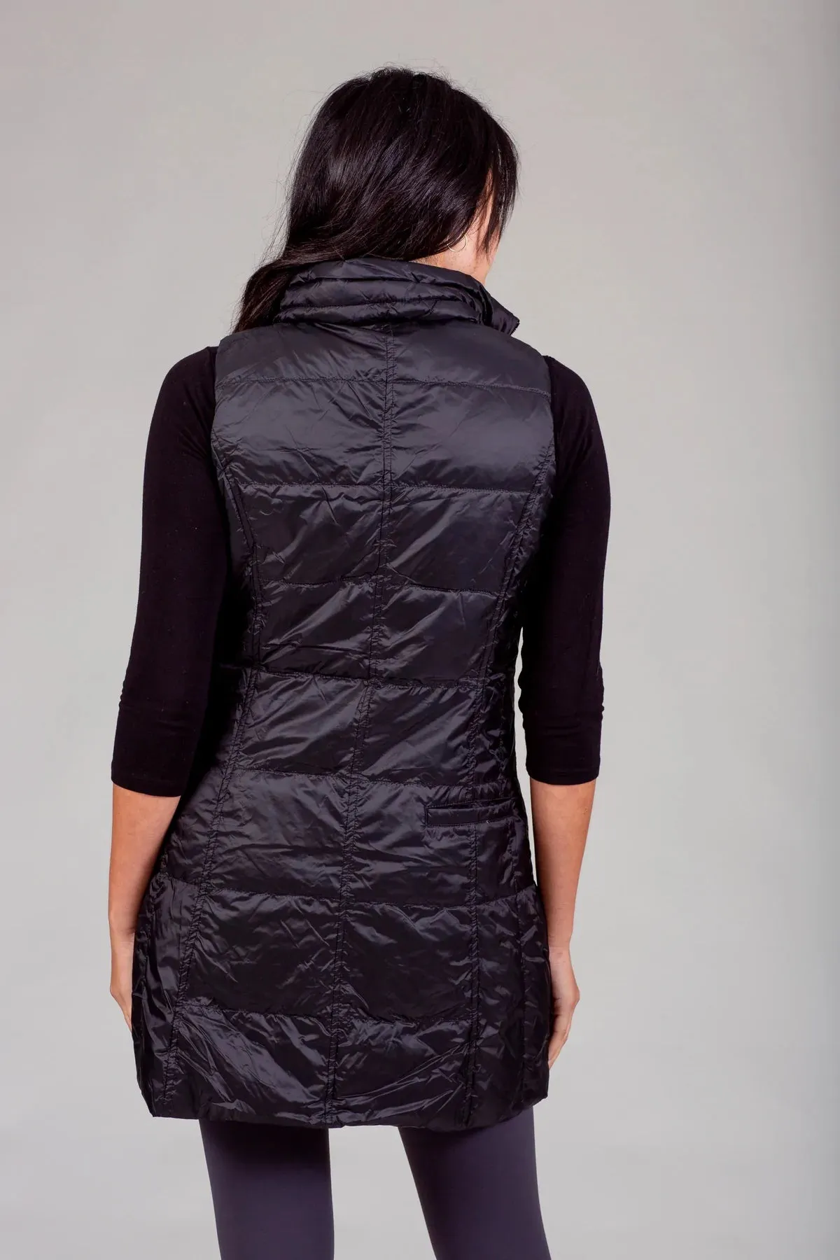 Long Metallic Down Vest - Black