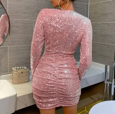 Low Cut Long Sleeve Ruched Sequin Dress