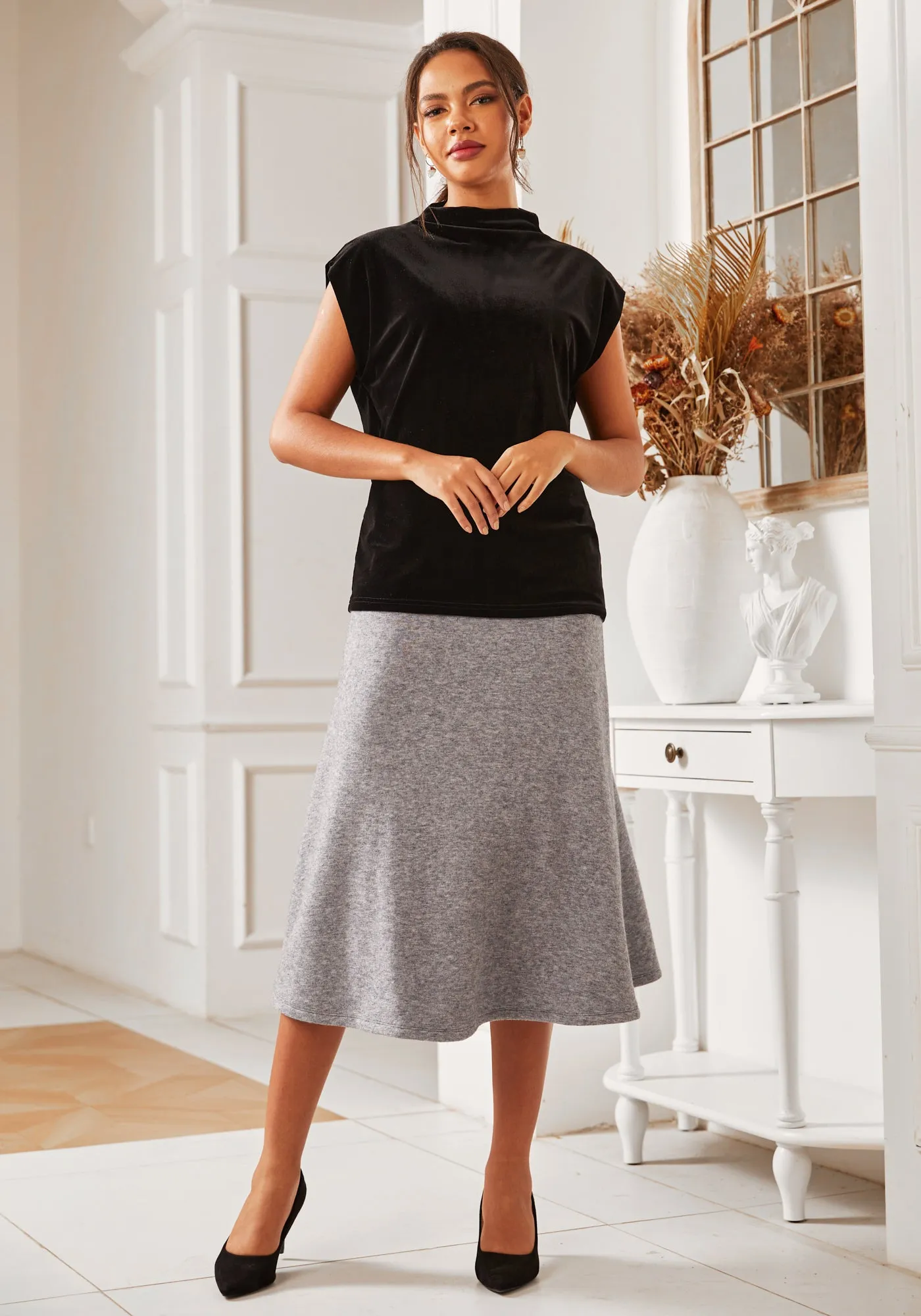 LuxeMelange Glide Midi Skirt (Charcoal)