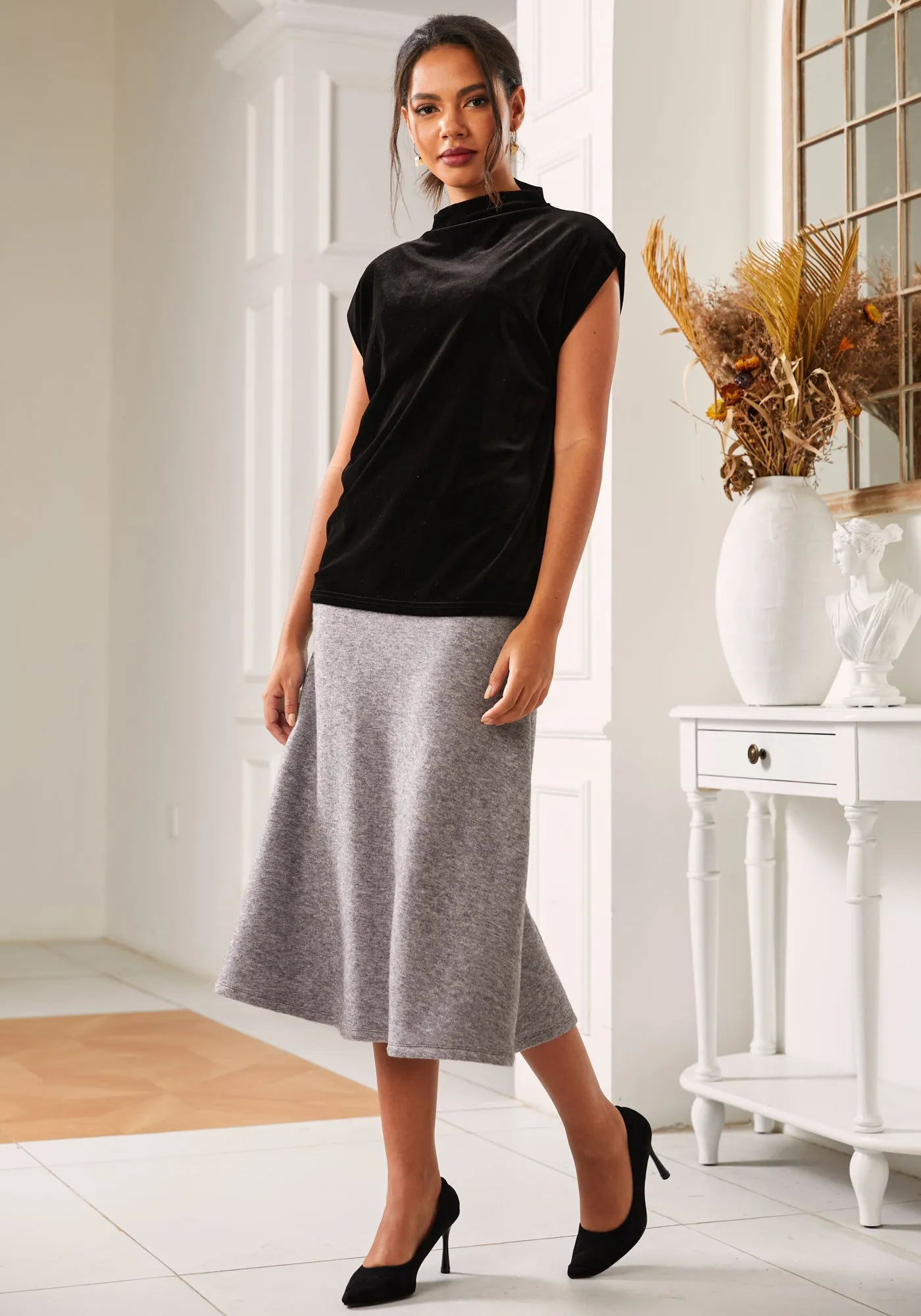 LuxeMelange Glide Midi Skirt (Charcoal)