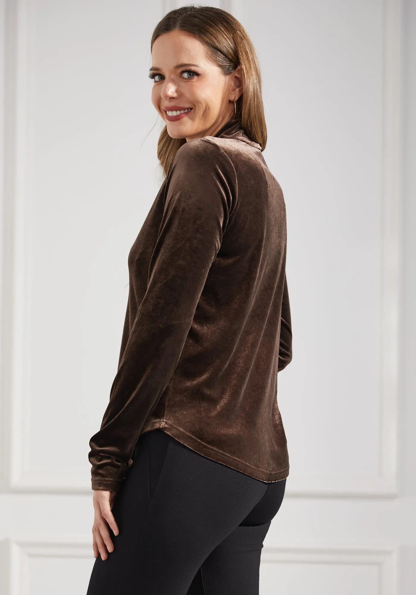 LuxeVelvet Pleated V-Neck Top (Mushroom)