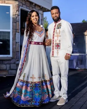 Magical Multicolored Ethiopian Wedding Attire: Intricately Handmade Matching Habesha Couples Outfit