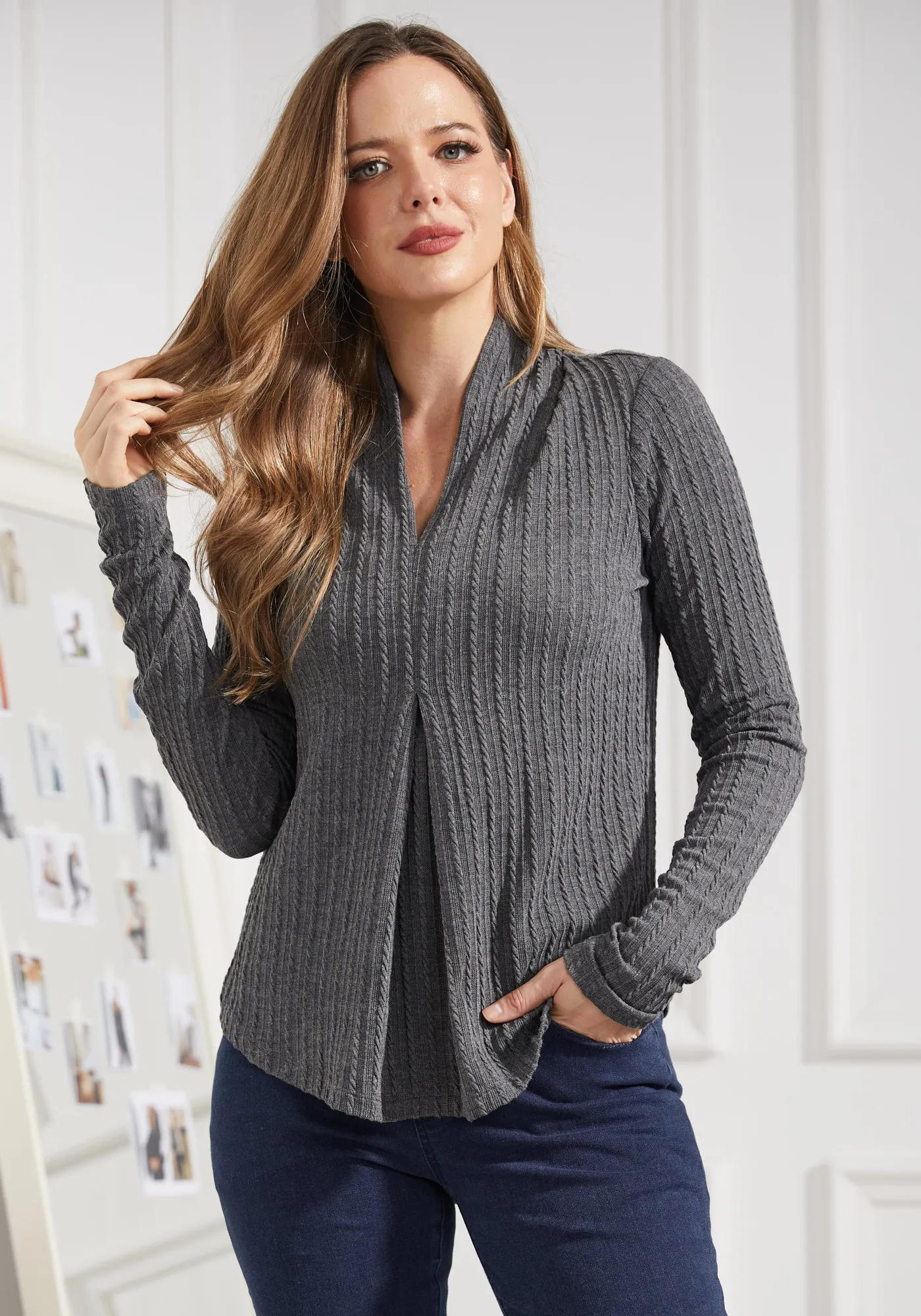 MiniCable Pleated V-Neck Top (Charcoal)