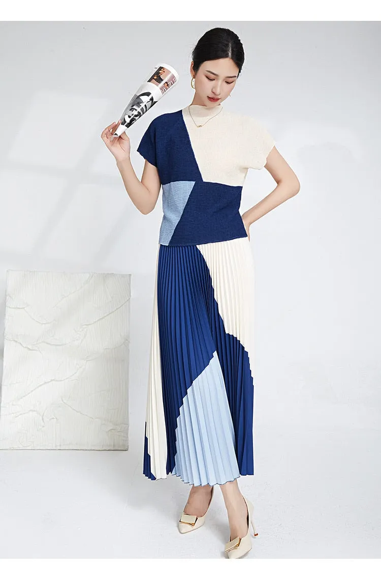 Miyake Pleated Color Block Top & Long Skirt Set